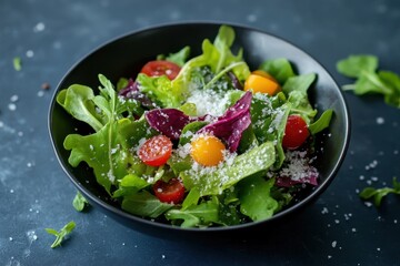 Canvas Print - Fresh salad with tomatoes and cheese in a black bowl