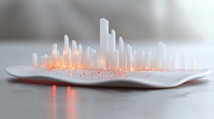 Poster - Abstract white cityscape model with glowing orange lights on a smooth surface