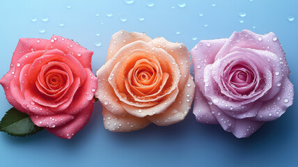 Wall Mural - Dew-kissed roses in full bloom, highlighting nature’s intricate beauty and serene freshness