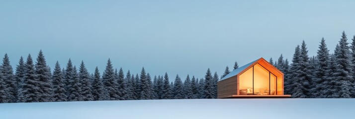 Poster - Warm light emanates from the large windows of a modern, wooden cabin nestled in a tranquil, snowy forest, creating a cozy and inviting atmosphere during a serene winter evening