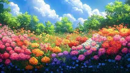 Wall Mural - bright summer flower panorama featuring phlox and marigolds blooming in an urban garden