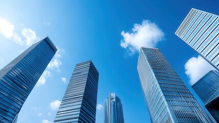 Wall Mural - Modern Urban Skyline with Skyscrapers Reaching Towards Bright Blue Sky and Fluffy White Clouds