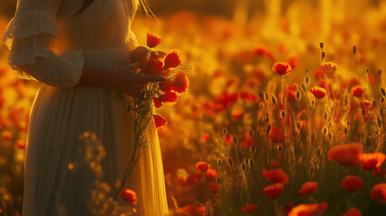 Wall Mural - a woman in a rustic dress hand-picking wildflowers in a sunlit meadow, capturing a serene moment
