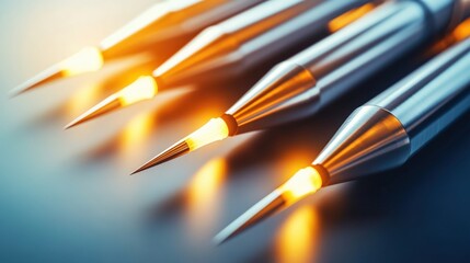 Poster - close-up of gleaming metallic fountain pen nibs illuminated with warm light on a smooth surface