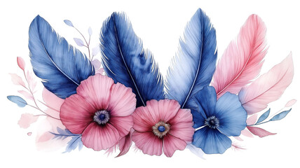 Wall Mural - Delicate floral bouquet with pastel flowers and feathers in a vintage watercolor style
