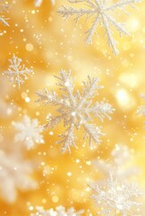 Poster - Sparkling Snowflakes Falling Gently on a Warm Golden Background, Perfect for Winter Holiday, Festive Celebrations, and Seasonal Decor