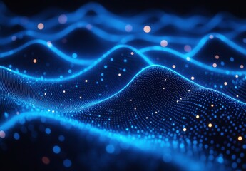 Poster - Stunning Abstract Blue Wave Pattern with Glowing Particles and Depth Perception in Three Dimensional Space for Technology and Digital Conceptual Art