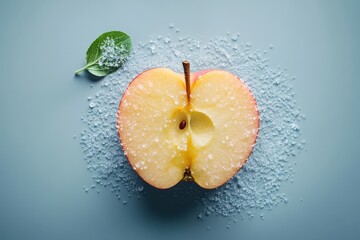 Wall Mural - Cross section of an apple with salt and a leaf