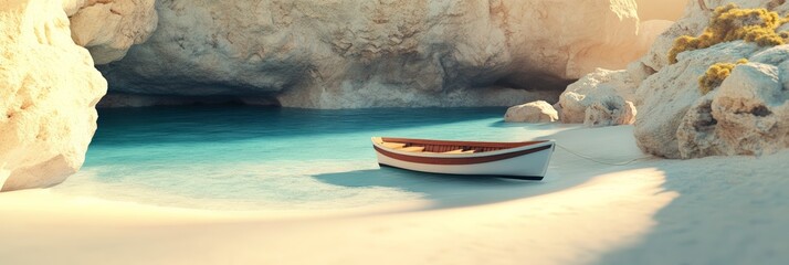 Aufkleber - Small wooden boat with brown and white planks moored on a white sandy beach inside a rocky cove, bathed in golden sunset light, evoking tranquility and escape