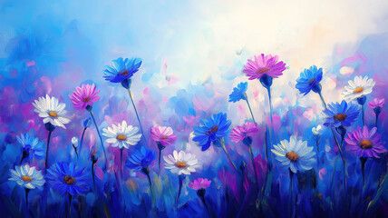 Wall Mural - summer and spring flowers in fields captured in abstract impressionist oil painting