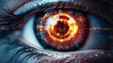 Aufkleber - Close up of a futuristic bionic eye displaying a complex heads up display interface, suggesting advancements in vision technology, cybernetics, and ocular implants