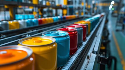 Fototapete - Colored cans in various hues are moving along a conveyor belt in a busy industrial setting with soft lighting, showcasing a manufacturing process in midday.