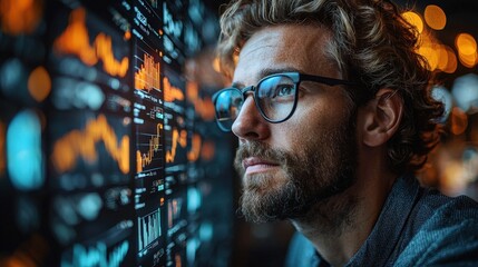 A man with glasses analyzing data on a computer screen