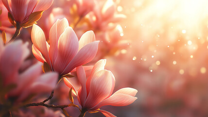 Wall Mural - warm april sunshine illuminating the pink blossoms of a magnolia tree in spring
