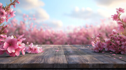 Wall Mural - Fresh Spring Flowers in Pink Blossoms Arranged on a Wooden Table for a Springtime Ambiance