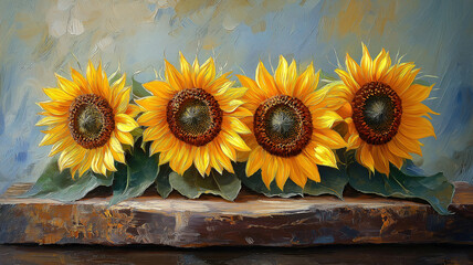 Wall Mural - golden sunflowers arranged on a wooden board for a country fresh feel