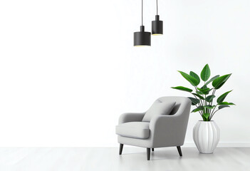 Wall Mural - Minimalist Living Room with Grey Armchair and Green Plant