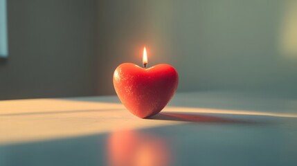 Poster - a bright red heart-shaped candle placed on a minimalist white surface; glowing softly for valentine 