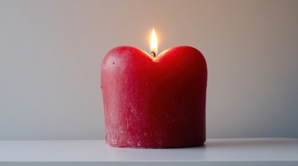 Poster - a bright red heart-shaped candle placed on a minimalist white surface; glowing softly for valentine 