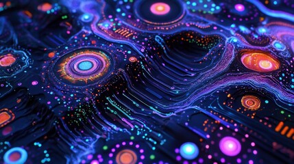 Sticker - A close-up view of an illuminated circuit board with intricate pathways and vibrant glowing details