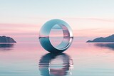 Silver sphere with a circular opening floats on calm water at sunset. Perfect for themes of serenity, portals, or minimalist design.
