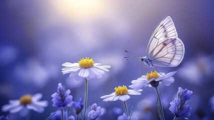 Wall Mural - close-up of chamomile and wild peas with butterfly in the morning haze for a pastoral scene