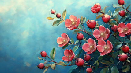 Wall Mural - blooming rose hips on a blue background with soft focus for a spring floral theme
