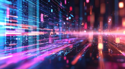 Poster - A glitchy cyber banner with a shattered economic graph, glowing digital lines, and ample space for business headlines.