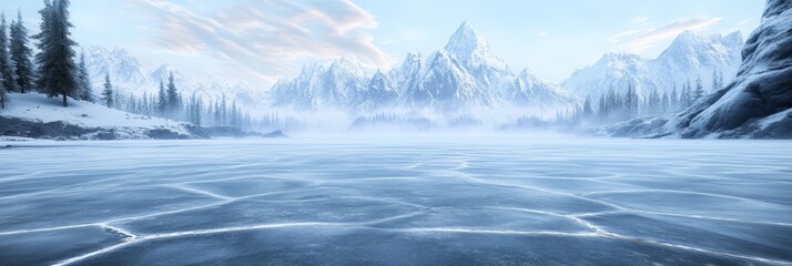 Poster - Low fog hovering over a frozen lake reflects majestic snow capped mountains, creating a serene winter wonderland landscape with pine trees on the shore