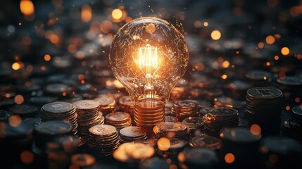 Fototapete - A glowing filament light bulb surrounded by stacks of cash and gold coins, symbolizing wealth through innovative ideas.