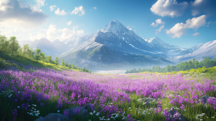 Wall Mural - vibrant purple flower meadow framed by towering mountain peaks