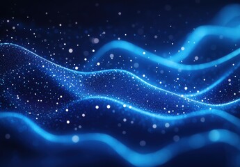 Poster - Abstract Blue Wave Patterns with Glowing Particles Creating a Dreamy Atmospheric Background for Technology and Nature Concepts