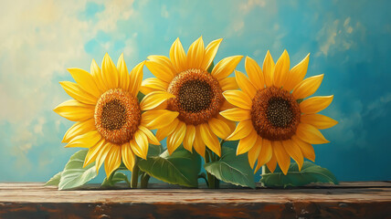 Wall Mural - fresh sunflowers displayed on a wooden surface with a rustic charm