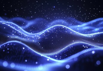 Aufkleber - Abstract digital landscape with flowing waves of light and particles in deep blue tones, creating a mesmerizing sci-fi atmosphere and visual depth.