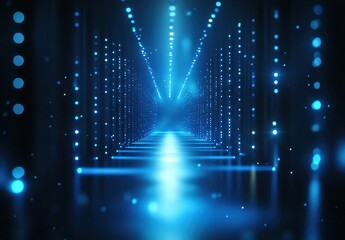 Poster - Abstract futuristic hallway with glowing blue lights and deep perspective creating a digital illusion of depth and space in a cyber environment