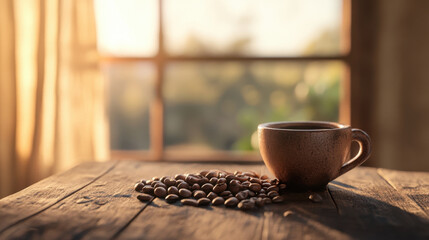 Poster - warm cup of coffee sits beside scattered coffee beans on rustic wooden table, illuminated by soft sunlight streaming through window, creating cozy atmosphere