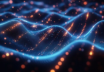 Poster - Abstract glowing wave with luminous particles in vibrant blue and orange colors, representing energy, movement, and modern digital technology concepts