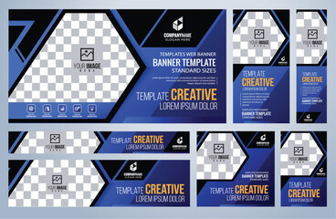 Wall Mural - Set of Blue social media, Web banners templates, Coverpage Standard sizes with space. Vector illustration
