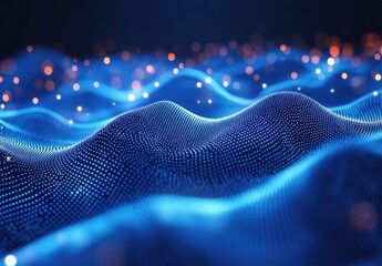 Poster - Abstract representation of glowing waves with luminous particles on a dark background, ideal for digital design and futuristic themes in visual art