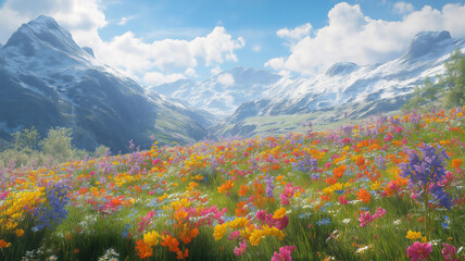 Wall Mural - vibrant fields of wildflowers stretching across mountain slopes, creating a breathtaking natural sce