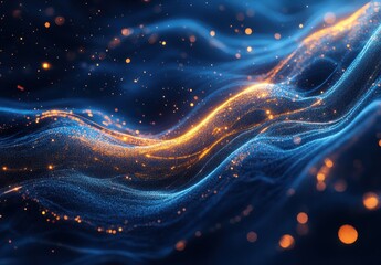 Poster - abstract waves of light and energy with sparkling particles in blue and orange colors capturing move