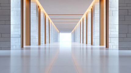 Poster - modern hallway with symmetrical architecture, featuring stone walls and wooden accents, creating serene and spacious atmosphere