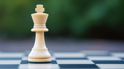 Wall Mural - close up of white chess king piece on chessboard, symbolizing strategy and competition. blurred background enhances focus on piece, evoking sense of anticipation and challenge