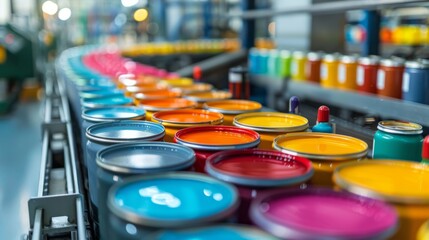 Poster - A conveyor belt is filled with various cans of paint in vibrant colors, showcasing the manufacturing process in a well lit facility that emphasizes productivity.