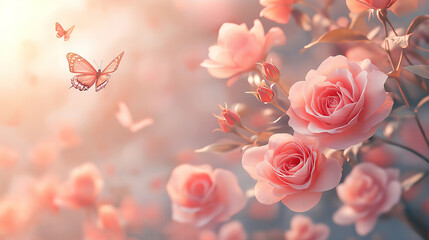 Wall Mural - Mysterious spring floral banner with blooming roses and fluttering butterflies on a soft pastel