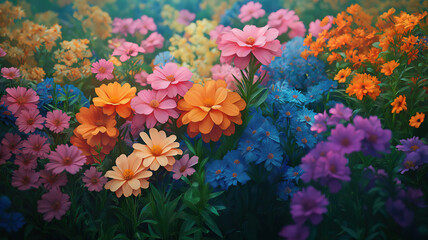 Wall Mural - Panorama of vibrant summer flowers with phlox and marigolds in a colorful urban flower bed
