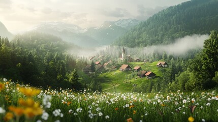 Poster - Scenic alpine landscape featuring a charming village nestled among rolling green hills, lush forests, and a blooming meadow, all under the warm light of sunrise