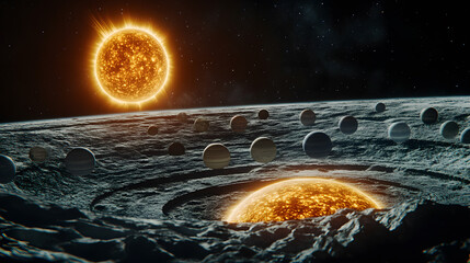 Wall Mural - stunning view of a planetary system. multiple planets orbit two suns, one visible above the horizon 