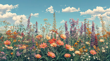 Wall Mural - nature backdrop with vibrant wildflowers blooming in a serene meadow setting