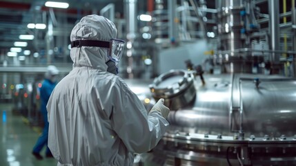 Leinwandbilder - Researchers in protective gear operate advanced equipment within a biopharmaceutical facility, showcasing intricate machinery and sterile conditions.